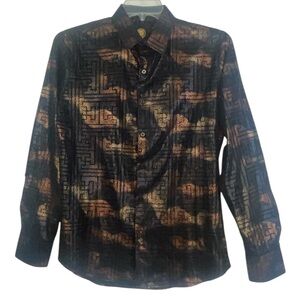 Platini black/bronze foiled Metallic button down shirt. Size medium GUC